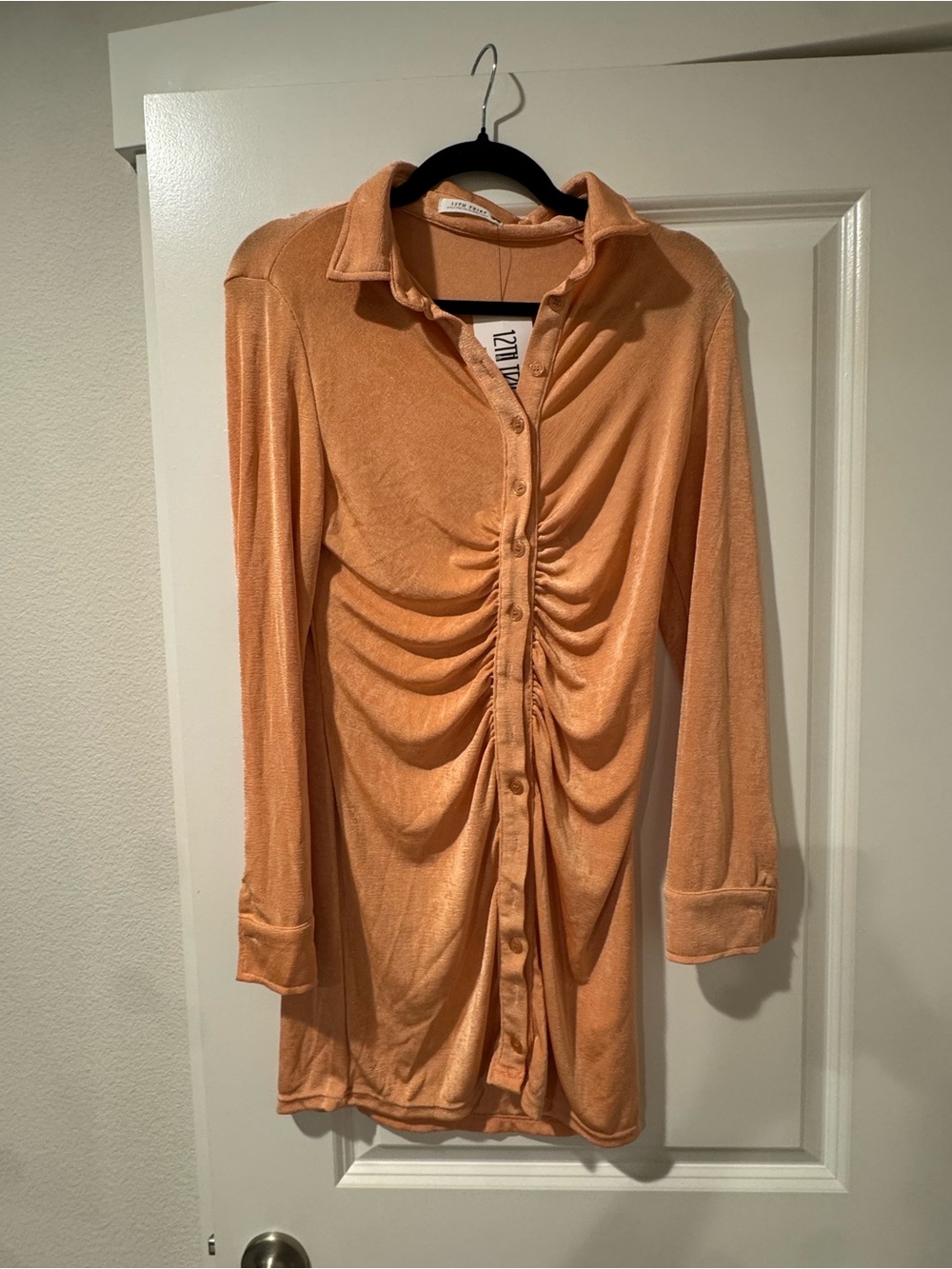 12th Tribe Peach Button-Front Ruched Collared Top